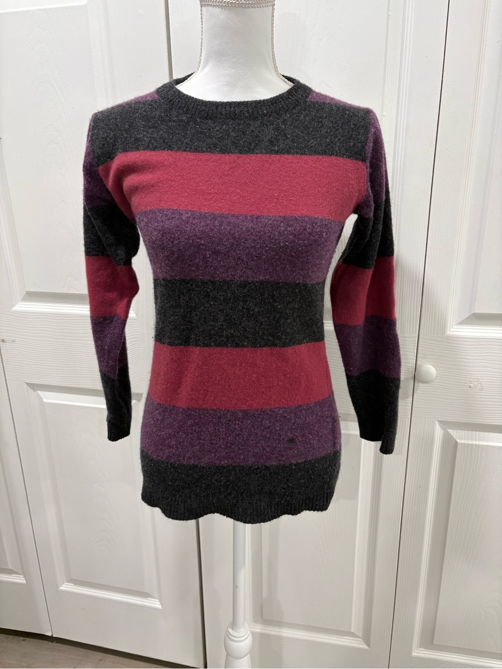 Striped Long-Sleeve Crewneck Sweater - Berry, Plum & Charcoal